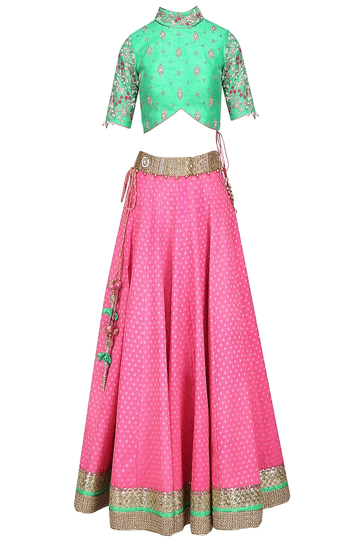 Hot pink banarasi silk lehenga with green floral work blouse available only at Pernia's Pop Up Shop.