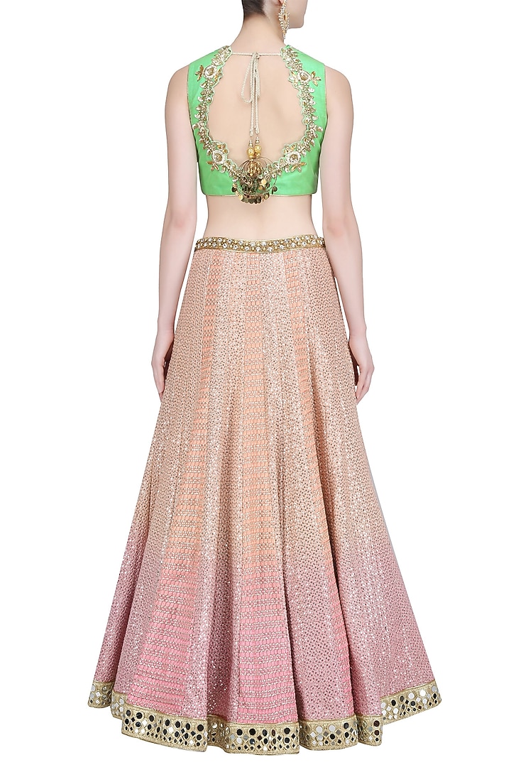 Pink shaded sequins and thread work lehenga with mint green blouse available only at Pernia's Pop Up Shop.