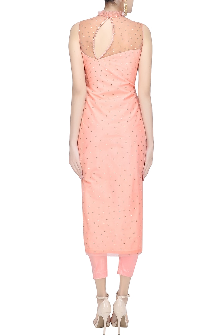 Peach embroidered long kurta and pants set available only at Pernia's Pop Up Shop.