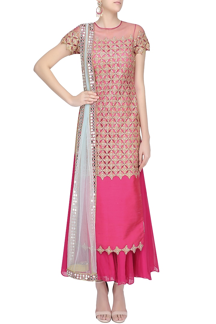 Hot pink embroidered kurta and sharara pants set available only at Pernia's Pop Up Shop.