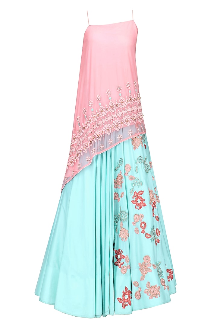 Salmon Pink Asymmetrical Embroidered Tunic and Floral Work Skirt Set by Amit Sachdeva