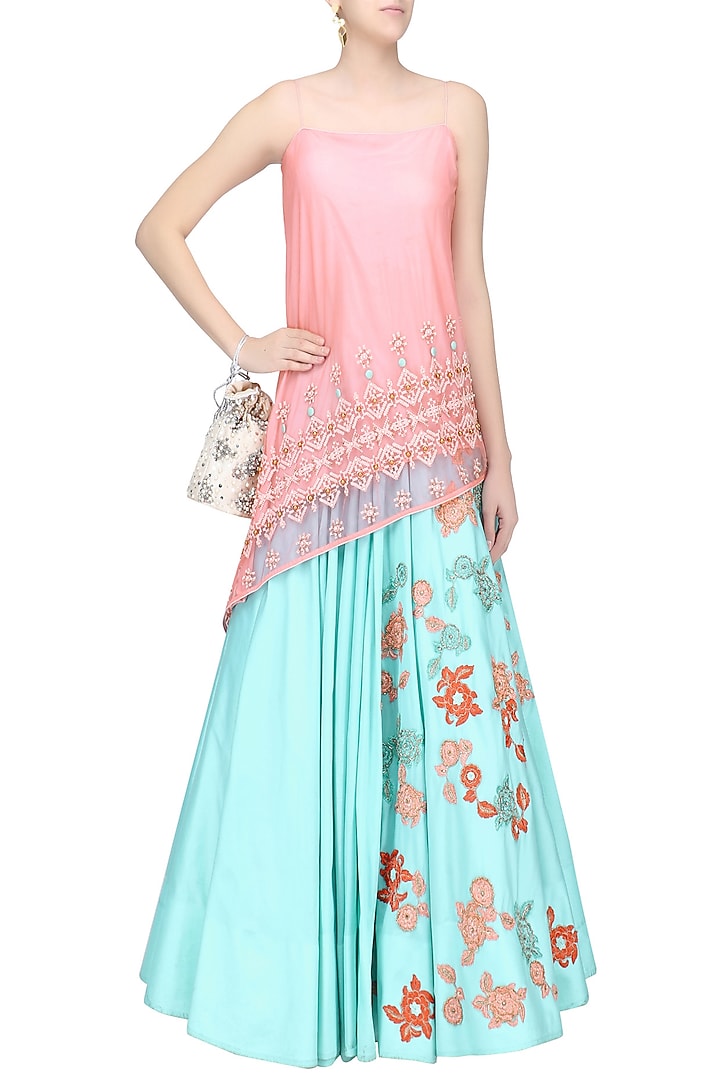 Salmon pink asymmetrical embroidered tunic and floral work skirt set available only at Pernia's Pop Up Shop.