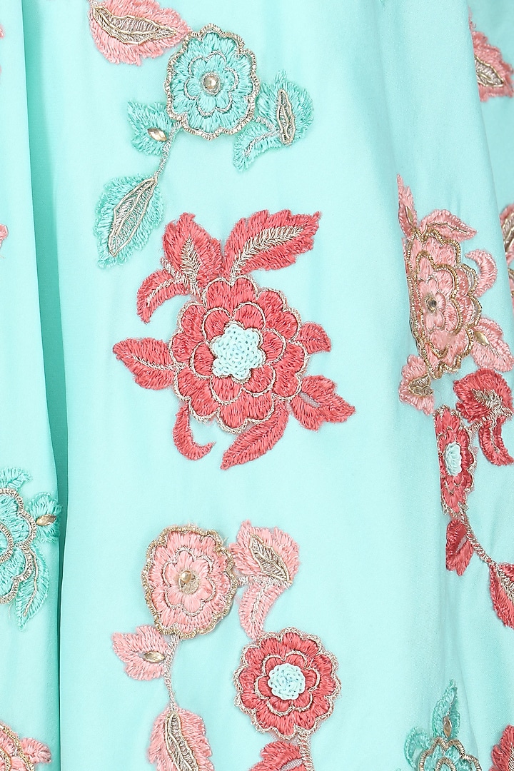 Salmon pink asymmetrical embroidered tunic and floral work skirt set available only at Pernia's Pop Up Shop.