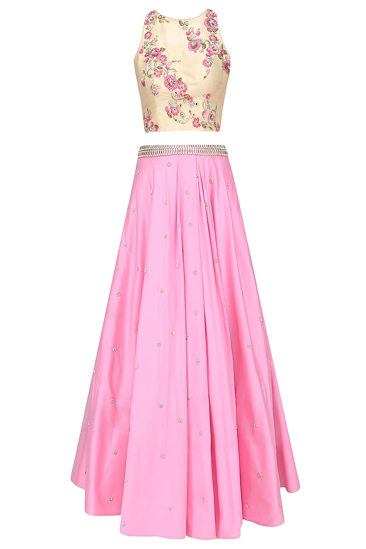 Biege Gold Floral Embroidered Crop Top and Pink Skirt Set by Amit Sachdeva
