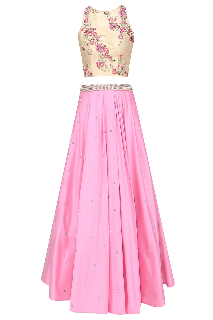 Biege gold floral embroidered crop top and pink skirt set available only at Pernia's Pop Up Shop.