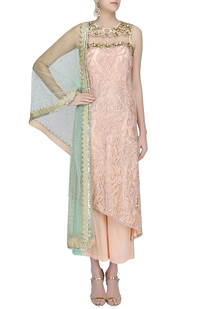 Peach embroidered A line kurta and palazzo pants set available only at Pernia's Pop Up Shop.