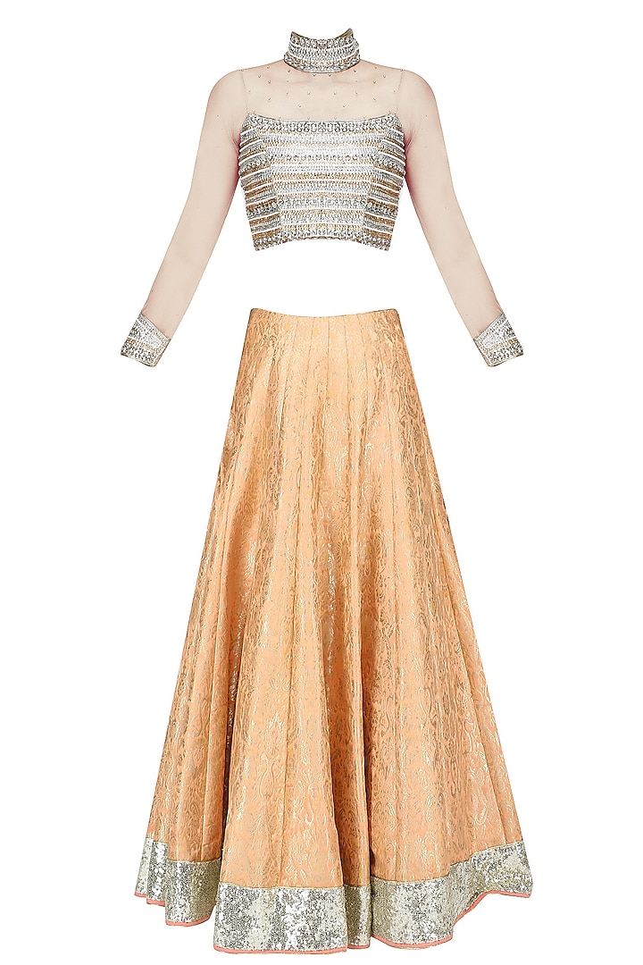 Nude Embroidered Crop Top and Brocade Lehenga Set by Amit Sachdeva