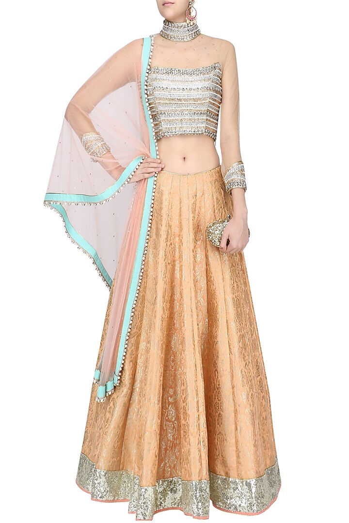 Nude embroidered crop top and brocade lehenga set available only at Pernia's Pop Up Shop.