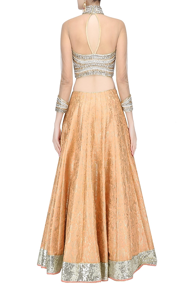Nude embroidered crop top and brocade lehenga set available only at Pernia's Pop Up Shop.
