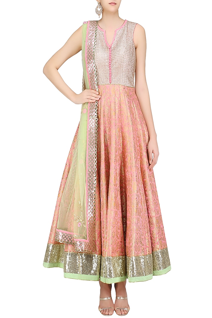 Pink paisley pattern handwoven brocade anarkali set available only at Pernia's Pop Up Shop.