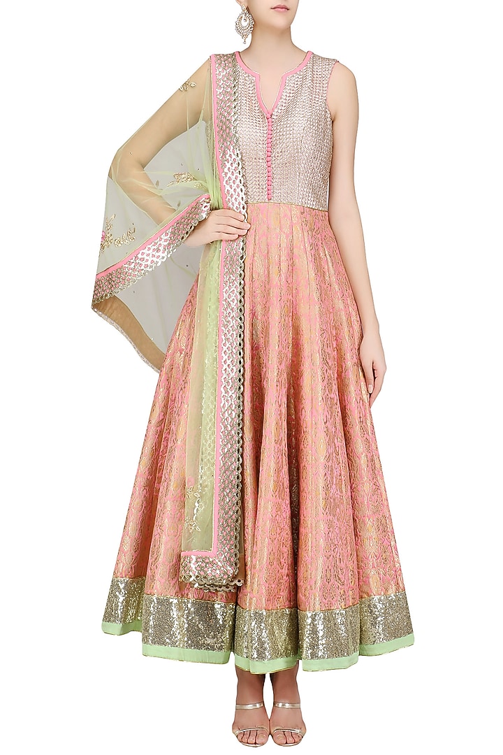 Pink paisley pattern handwoven brocade anarkali set available only at Pernia's Pop Up Shop.