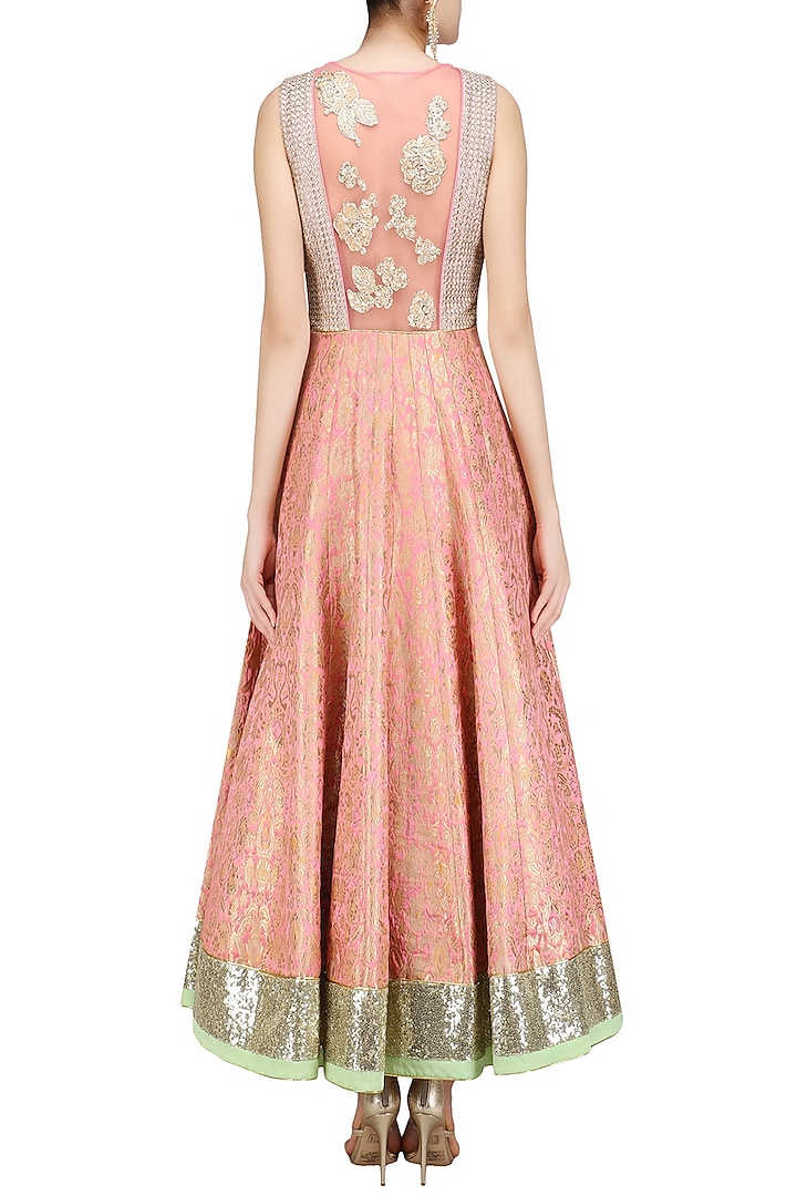 Pink paisley pattern handwoven brocade anarkali set available only at Pernia's Pop Up Shop.