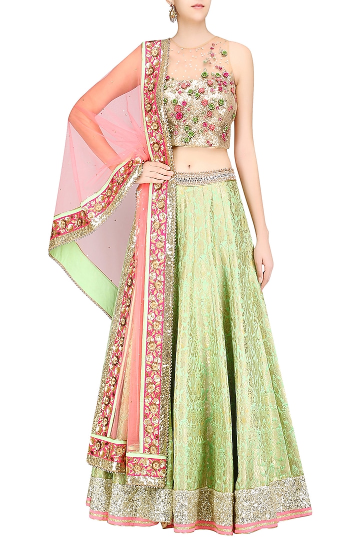 Green paisley pattern handwoven brocade lehenga set available only at Pernia's Pop Up Shop.