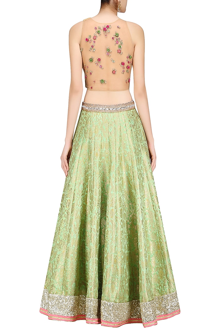 Green paisley pattern handwoven brocade lehenga set available only at Pernia's Pop Up Shop.