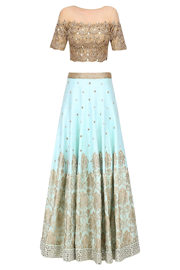 Powder Blue Embroidered Skirt and Gold Mirror Work Blouse Set by Amit Sachdeva