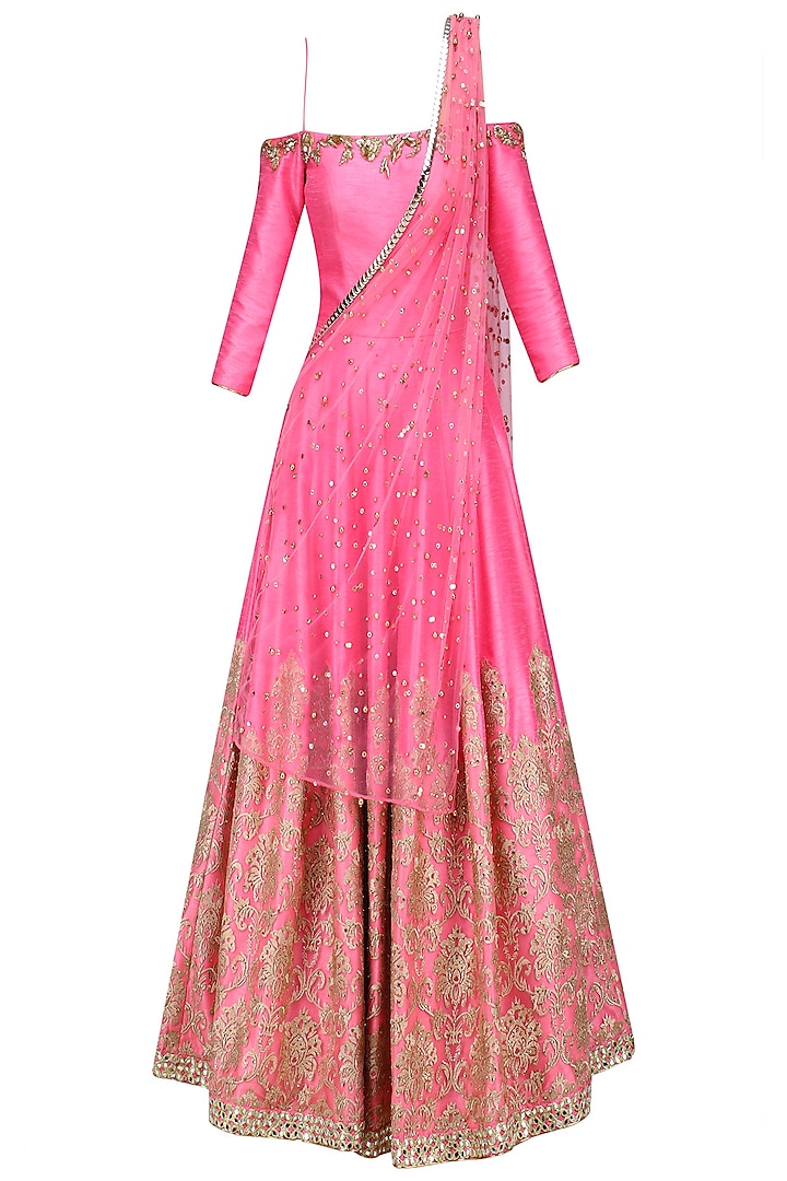Hot Pink and Gold Embroidered Off Shoulder Gown with Attached Drape by Amit Sachdeva