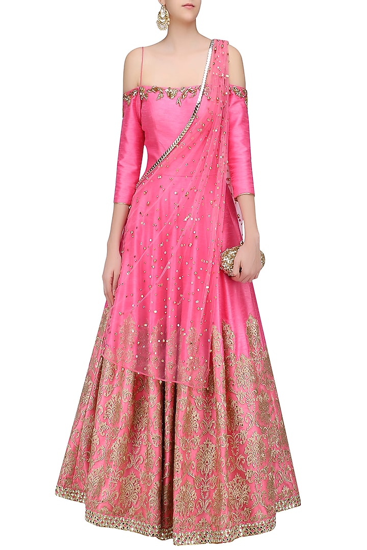 Hot pink and gold embroidered off shoulder gown with attached drape available only at Pernia's Pop Up Shop.