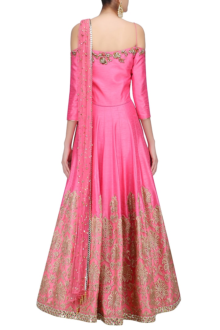 Hot pink and gold embroidered off shoulder gown with attached drape available only at Pernia's Pop Up Shop.