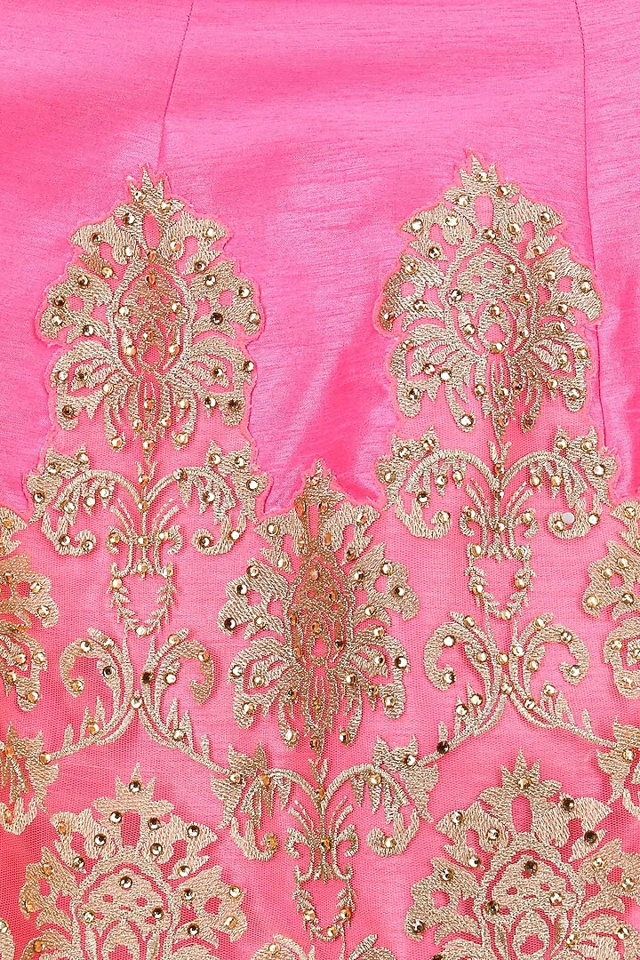 Hot pink and gold embroidered off shoulder gown with attached drape available only at Pernia's Pop Up Shop.