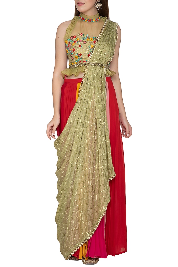 Muli Colored Embroidred Draped Saree Set by Amit Sachdeva