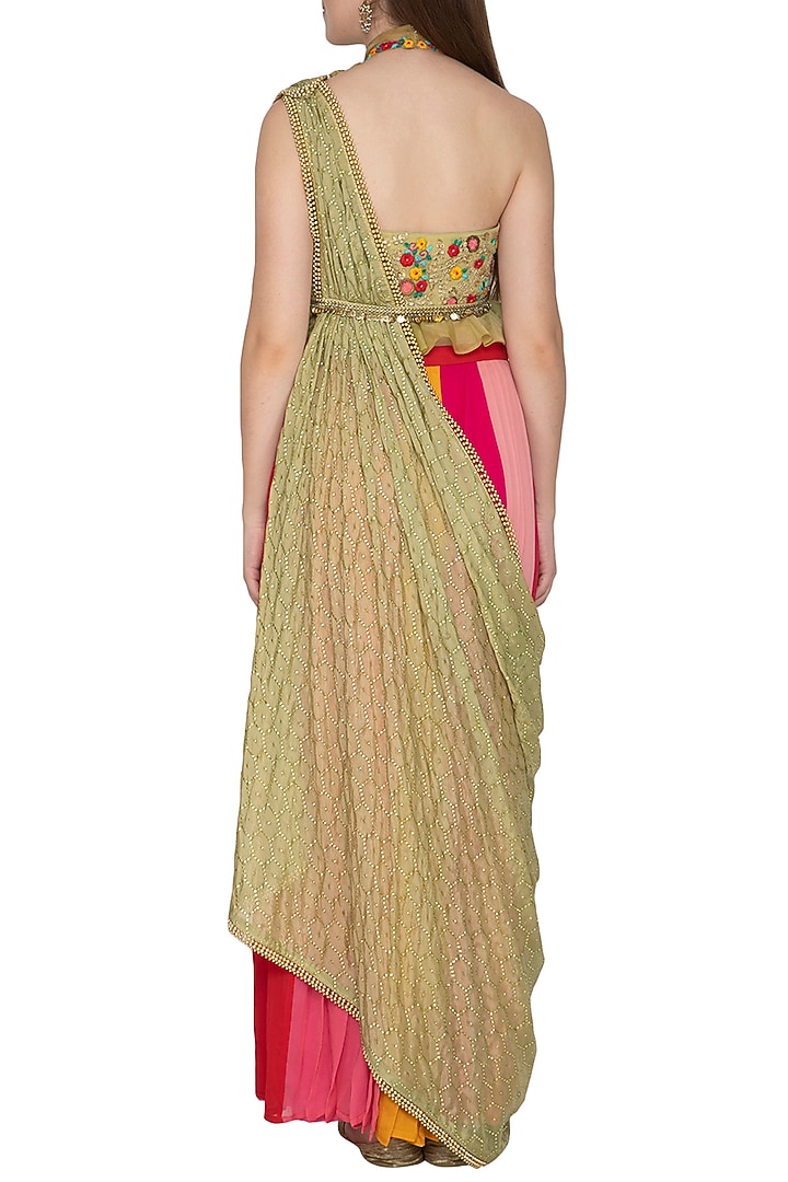 Muli Colored Embroidred Draped Wedding Saree Set by Amit Sachdeva at Pernia's Pop Up Shop