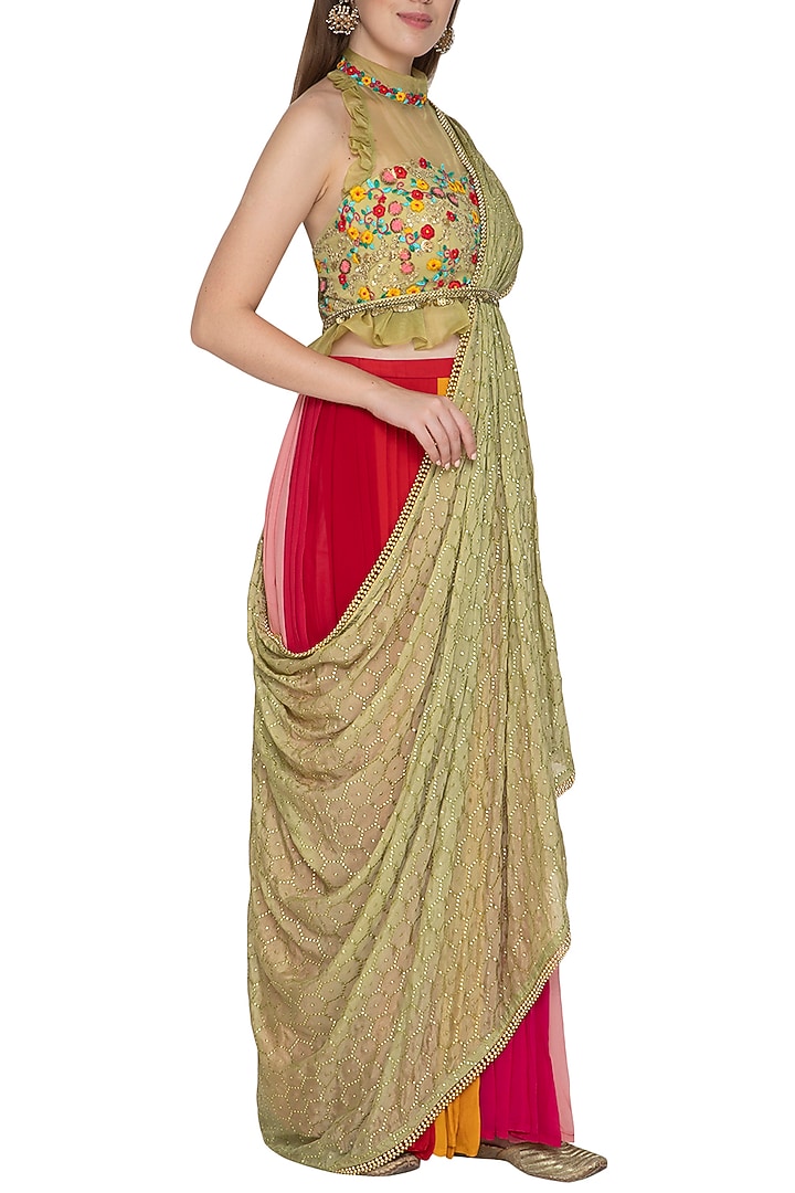 Muli Colored Embroidred Draped Wedding Saree Set by Amit Sachdeva at Pernia's Pop Up Shop