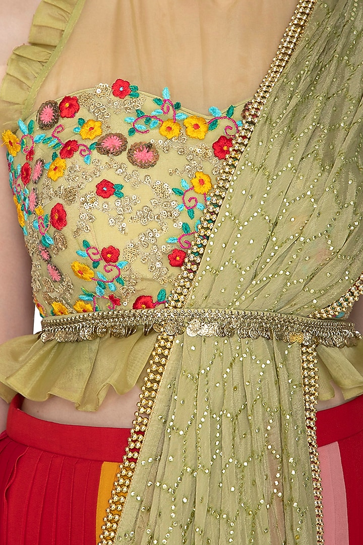 Muli Colored Embroidred Draped Wedding Saree Set by Amit Sachdeva at Pernia's Pop Up Shop