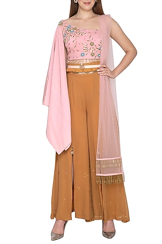 Blush Pink Embroidered Palazzo Set With Belt by Amit Sachdeva