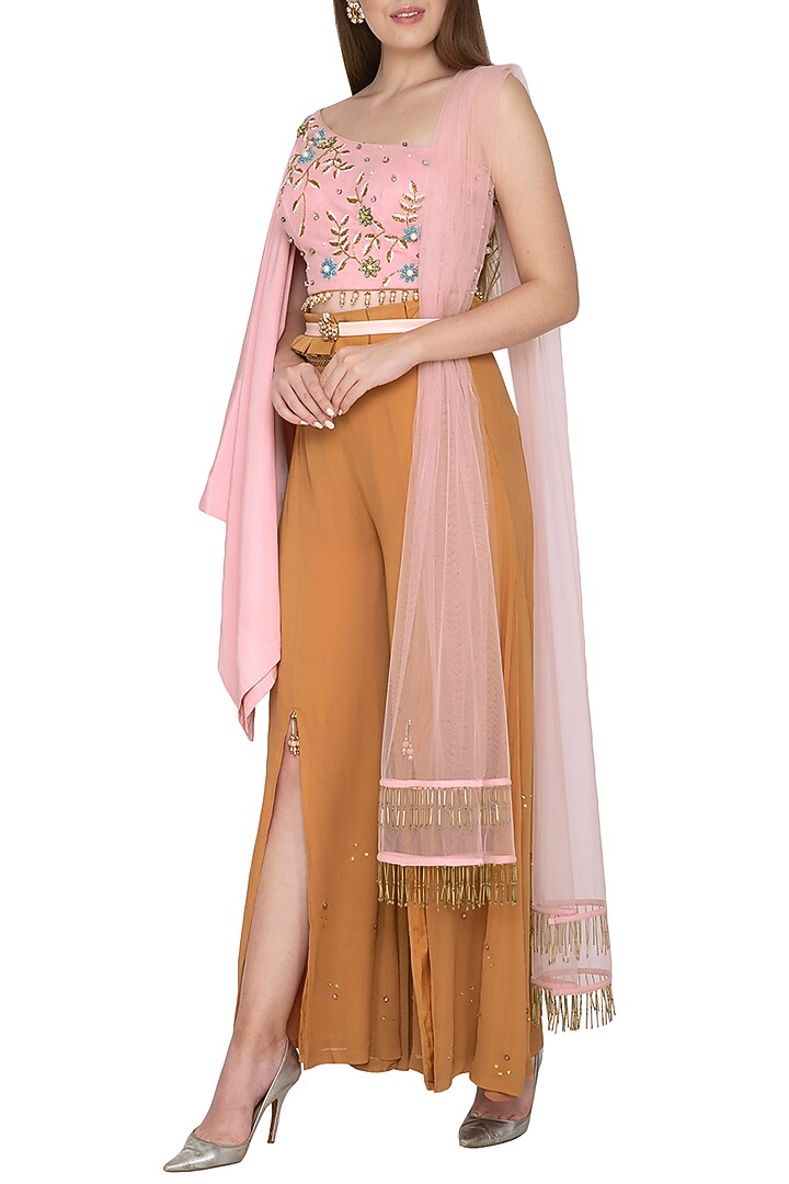 Blush Pink Embroidered Palazzo Set With Belt by Amit Sachdeva at Pernia's Pop Up Shop