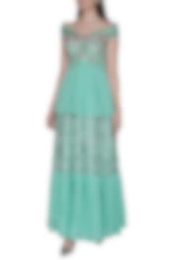 Turquoise Embroidered Off Shoulder Gown by Amit Sachdeva