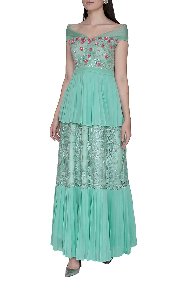 Turquoise Embroidered Off Shoulder Gown by Amit Sachdeva