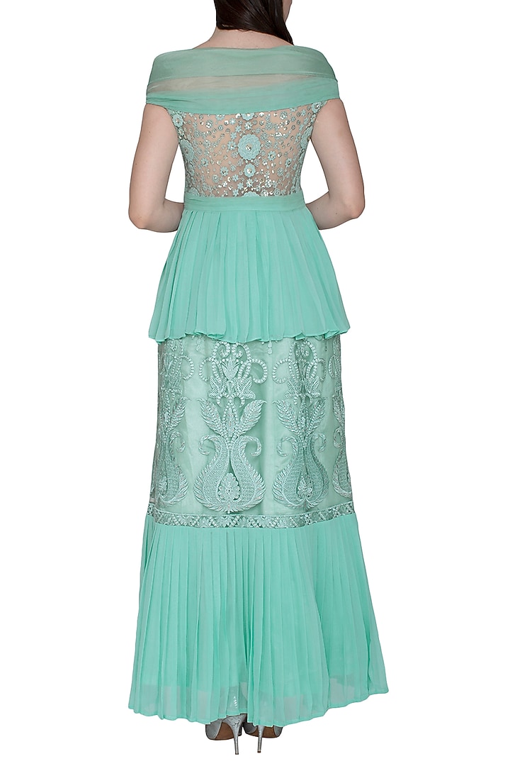 Turquoise Embroidered Off Shoulder Gown by Amit Sachdeva at Pernia's Pop Up Shop