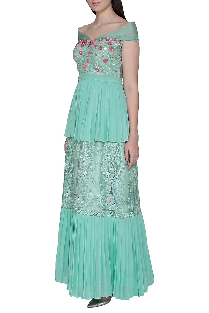 Turquoise Embroidered Off Shoulder Gown by Amit Sachdeva at Pernia's Pop Up Shop