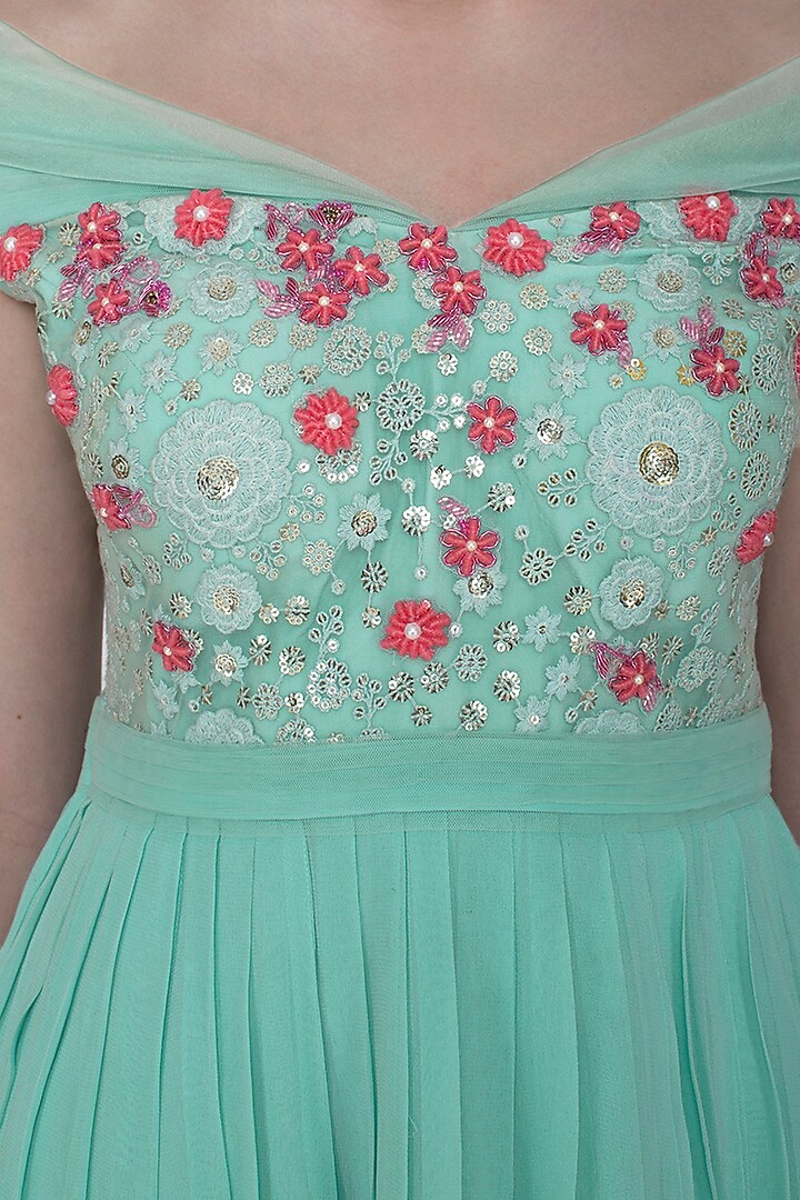 Turquoise Embroidered Off Shoulder Gown by Amit Sachdeva at Pernia's Pop Up Shop