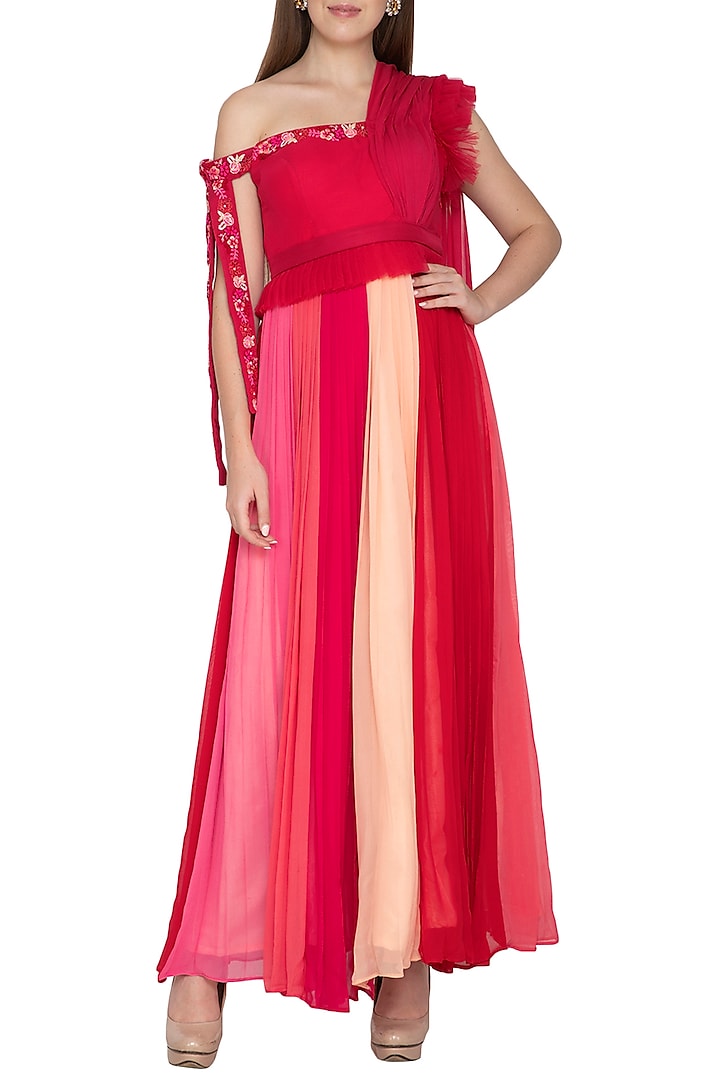 Red & Peach Embroidered Pleated Gown by Amit Sachdeva