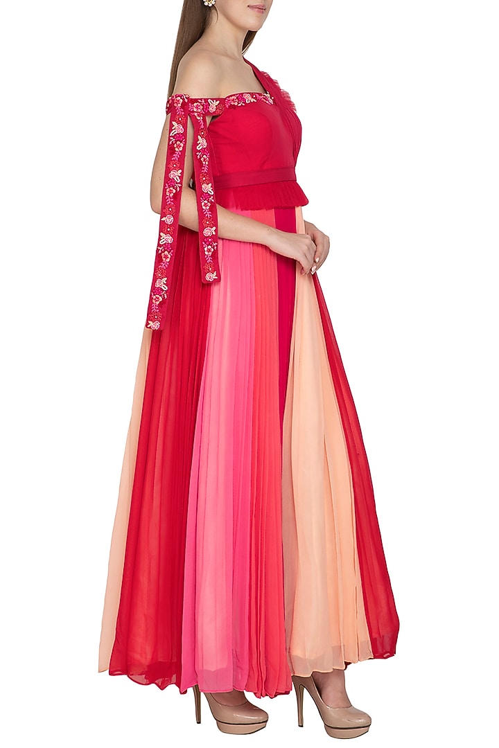 Red & Peach Embroidered Pleated Gown by Amit Sachdeva at Pernia's Pop Up Shop