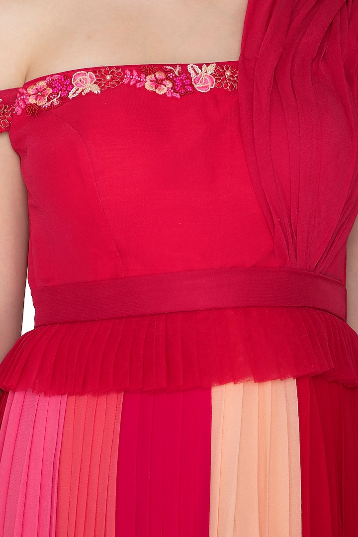 Red & Peach Embroidered Pleated Gown by Amit Sachdeva at Pernia's Pop Up Shop