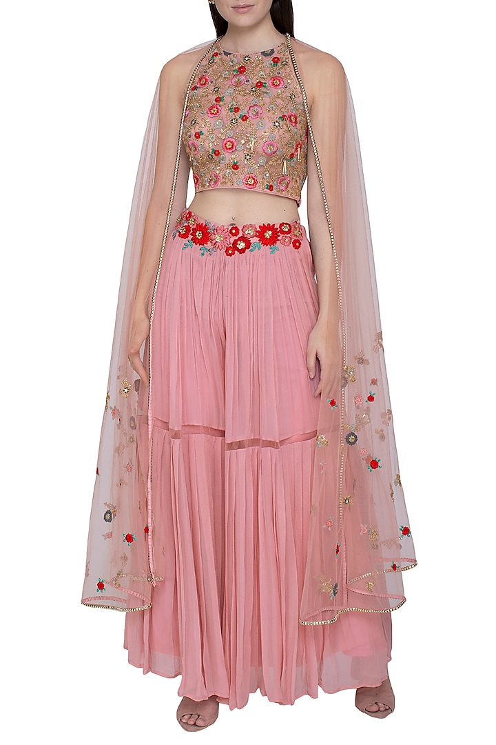 Blush Pink Embroidered Crop Top With Skirt, Attached Drape & Belt by Amit Sachdeva
