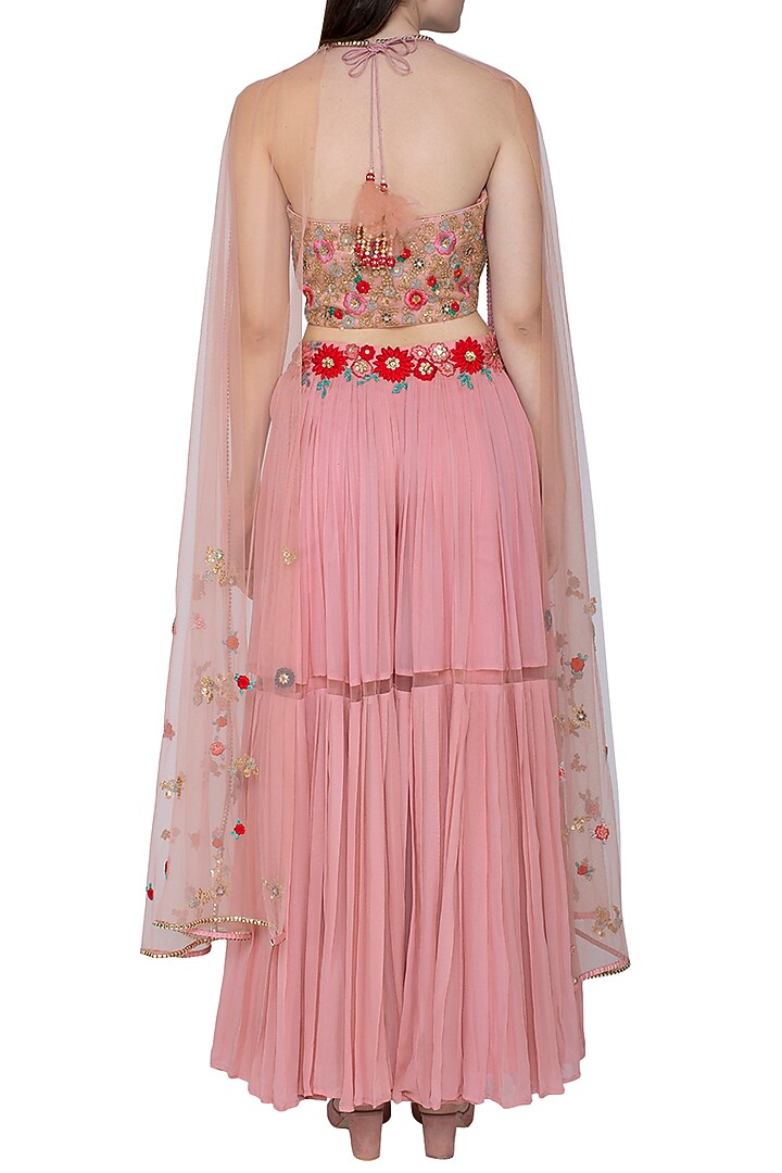 Blush Pink Embroidered Crop Top With Skirt, Attached Drape & Belt by Amit Sachdeva at Pernia's Pop Up Shop