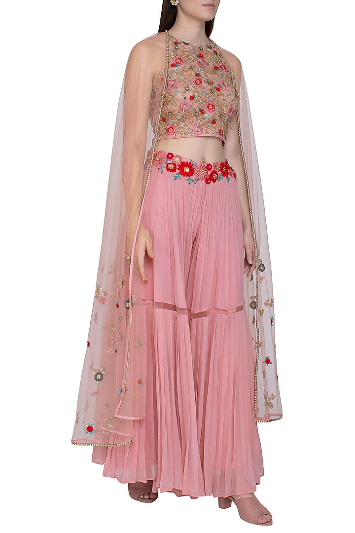 Blush Pink Embroidered Crop Top With Skirt, Attached Drape & Belt by Amit Sachdeva at Pernia's Pop Up Shop