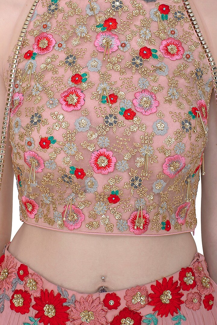 Blush Pink Embroidered Crop Top With Skirt, Attached Drape & Belt by Amit Sachdeva at Pernia's Pop Up Shop