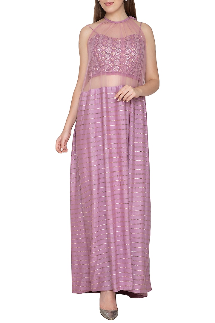Lilac Embroidered Bustier With Cape Dress & Pants by Amit Sachdeva
