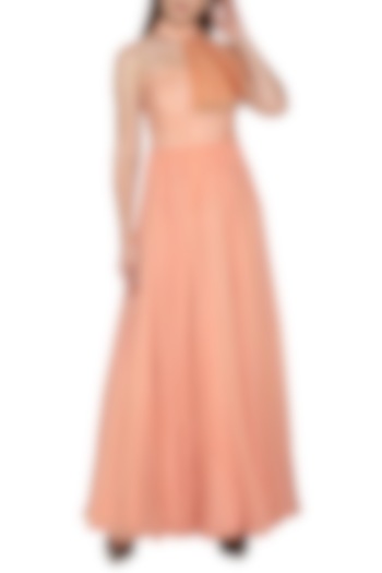 Peach Embroidered Pleated Gown by Amit Sachdeva