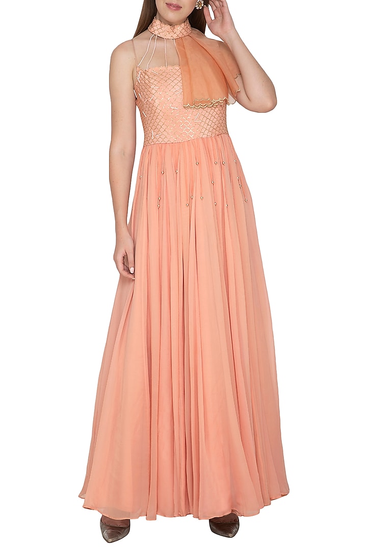 Peach Embroidered Pleated Gown by Amit Sachdeva