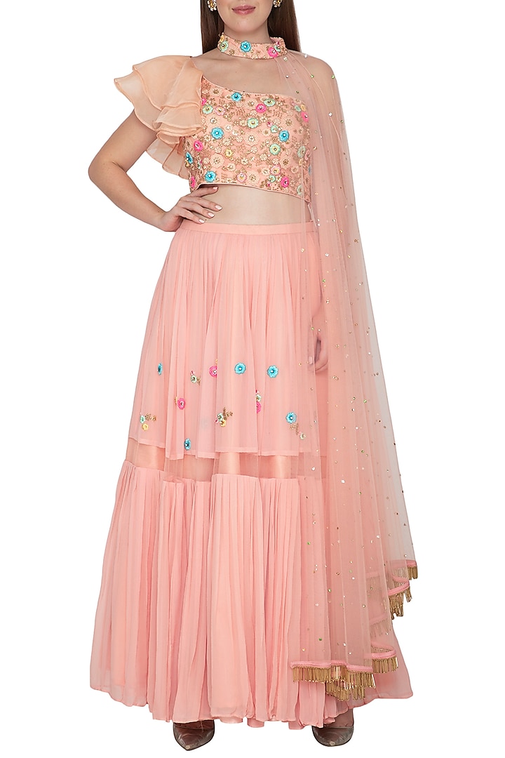 Peach Embroidered Crop Top With Pleated Skirt by Amit Sachdeva