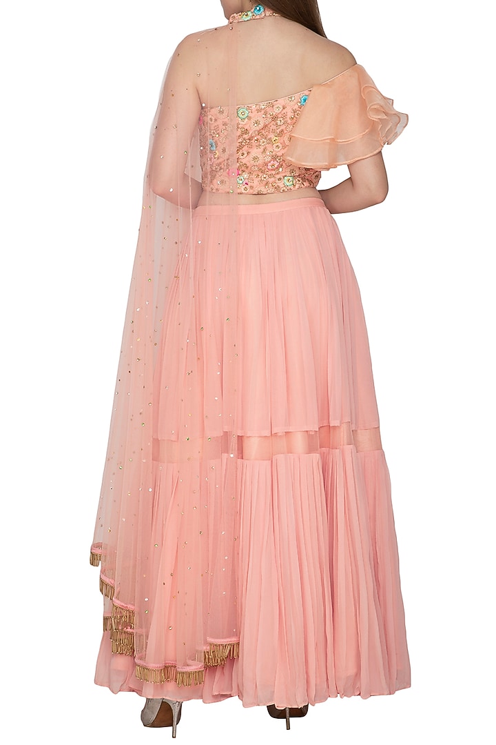 Peach Embroidered Crop Top With Pleated Skirt by Amit Sachdeva at Pernia's Pop Up Shop
