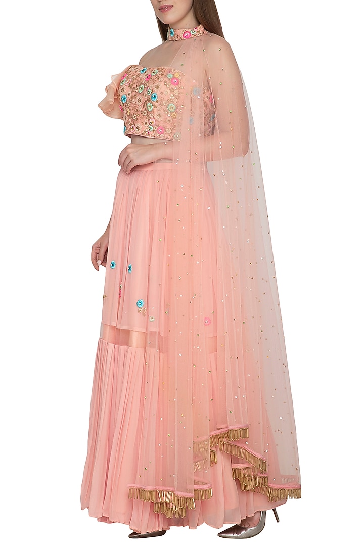 Peach Embroidered Crop Top With Pleated Skirt by Amit Sachdeva at Pernia's Pop Up Shop