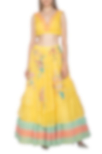 Yellow Printed Layered Skirt With Crop Top by Amit Sachdeva
