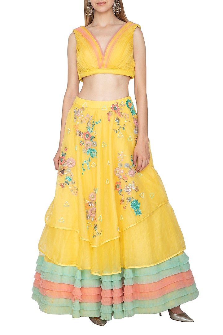 Yellow Printed Layered Skirt With Crop Top by Amit Sachdeva