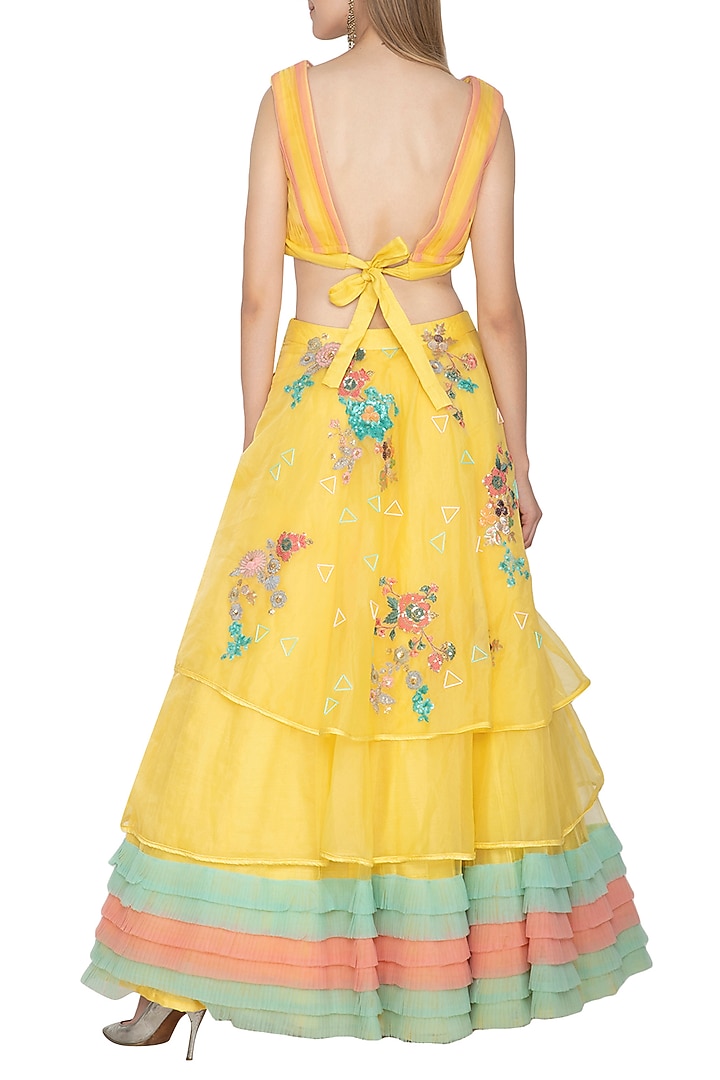 Yellow Printed Layered Skirt With Crop Top by Amit Sachdeva at Pernia's Pop Up Shop